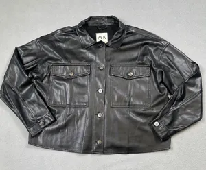 Zara Women Faux Leather Shirt Jacket S Black Shacket Button Up Moto Pockets Rock thumbnail 1