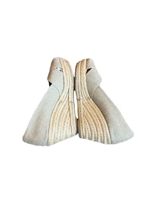 Tory Burch Tan Canvas Peep Toe Espadrille Wedges Platform Stretch Size 9 Women's thumbnail 8