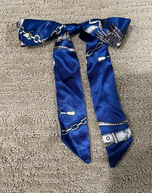 Blue Satin Silk Twilly Scarf With Chain and Belt Print Hair Ribbon Bag Accessory thumbnail 1
