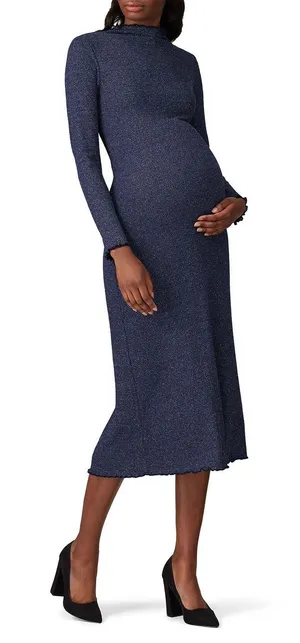 Rachel Pally Navy Metallic Ribbed Mara Maternity Long Sleeve Midi Dress Size S thumbnail 1