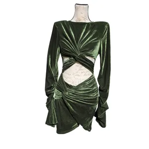 PrettyLittleThing NWT Olive Velvet Twisted Cut Out Ruched Bodycon Dress Size 4 thumbnail 2
