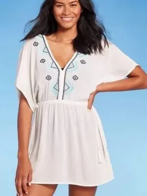 Kona Sol White Embroidered V-Neck Swim beach Cover-Up Tunic Large NWOT thumbnail 1
