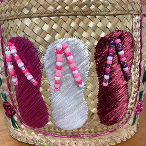 Vintage Multicolor Handmade Lined Straw Bag W/ Beaded Flip Flops thumbnail 2