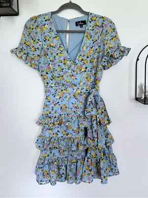 Lulus Feeling Butterflies Light Blue Floral Tiered‎ Ruffle Mini Dress Size Small thumbnail 1
