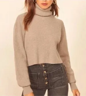 Reformation Luisa Tan Brown Knit Cashmere Turtleneck Cropped Sweater thumbnail 1