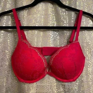 Victoria’s Secret Dream Angels Red Gold Lace Push Up Bra 32DD thumbnail 1