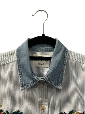 Vintage 90s Christmas Embroidered Button Up Shirt Striped Denim Collar Large thumbnail 3