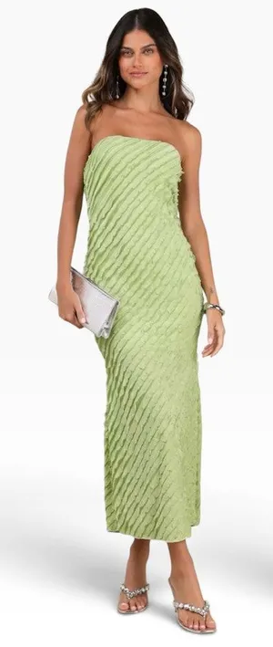 Lulus Faelyn Light Green Strapless Ruffled Midi Dress size Small NWT thumbnail 1