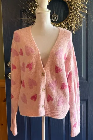 cupcakes & cashmere Pink Heart-Print V-Neck button Cardigan size XL thumbnail 1