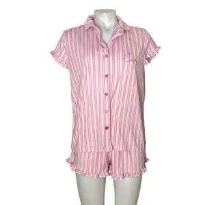 LAURA ASHLEY Pajamas Two Piece Short Sleeve Shorts Pink Stripe Size Medium thumbnail 2