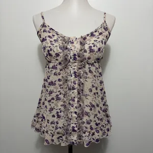 Express Floral Camisole Medium Purple Ruffle Fringe Smocked Babydoll Top Fairy thumbnail 2