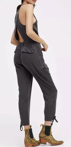 Free People Roaring Rayon Utilitarian jumpsuit Olive Green Drawstring Size‎ 4 thumbnail 1
