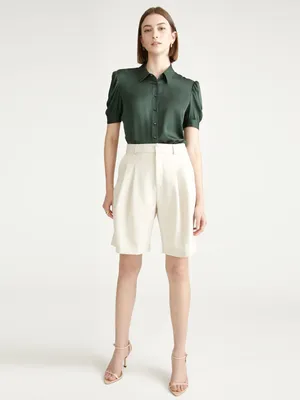 Quince Washable Stretch Silk Puff Sleeve Blouse Forest Green Sz M Contemporary thumbnail 2