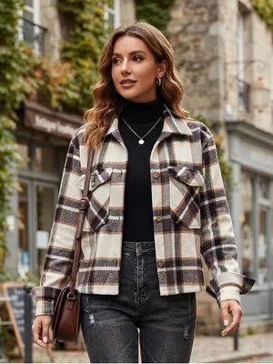 beachlunchlounge Cropped Plaid Shacket in Cream, Brown & Black thumbnail 1