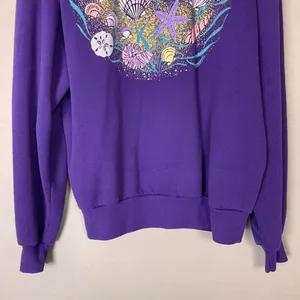 Vintage 90s Sweatshirt Seashells Glitter Gold‎ Ocean Women Size Large Purple Top thumbnail 4