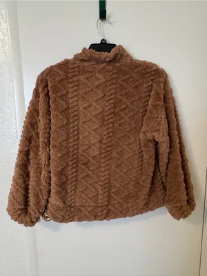 Kate Park Brown Cable Diamond Pattern Teddy Sherpa Fleece Quarter-Zip Pullover M thumbnail 5