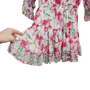 MISA Los Angeles Size Medium Pink Floral‎ Ruffle Mini Dress Smocked Waist Girly thumbnail 4