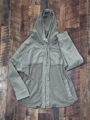 Women’s Hooded Button-Front Jacket in Olive Green Cotton Medium thumbnail 1