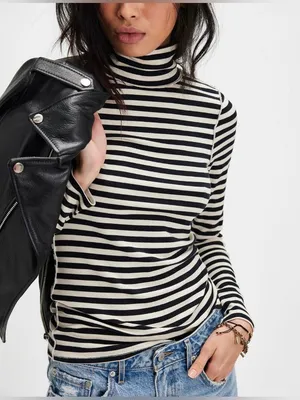 NWOT Free People We The Free Good Good Stripe Turtleneck- black ivory combo - XS thumbnail 3