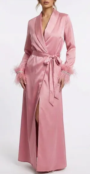Naked Wardrobe The Statement Blush Pink Feather Trim Pearl Duster Robe M thumbnail 1