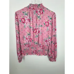 Wayf blouse women's large smocked high neck satin floral balloon sleeve pink thumbnail 4