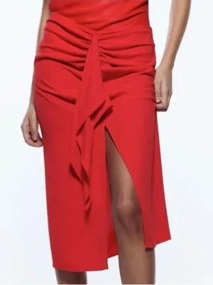 Zara Red Ruffle Midi Skirt M Medium NWT Ruched Draped High Waist Elegant Holiday thumbnail 1