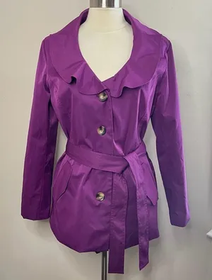 SANDRO STUDIO Purple Ruffle‎ Trim Lightweight Trench Jacket w/Tie Belt, Large thumbnail 1