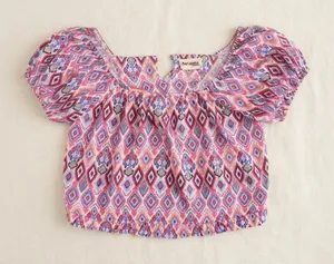 Savanna Jane Womens Pink Blue Ikat Diamond Print Puff Sleeve Crop Top Large thumbnail 1