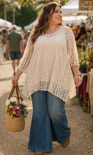 ROMANTIC Lace Crochet Tunic Top Bohemian, elegant, festival cottagecore thumbnail 1