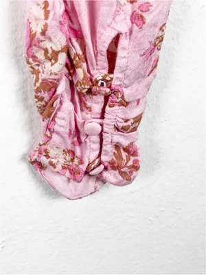 FREE PEOPLE Hilary Pink Floral Tie Closures Ruched Front Puff Sleeves Top Small thumbnail 6