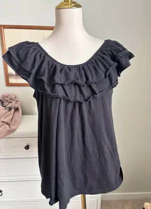 Route‎ 66 Black Ruffle Neck Top XL Vintage Y2K Boho Flutter Sleeve Cotton Blend thumbnail 1