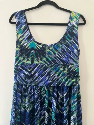 AB Studio Blue Green Abstract Maxi Dress Large Stretch Sleeveless Vacation Resort Flowy thumbnail 7