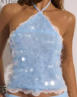 Halter Top Sequin Blue Size M thumbnail 1