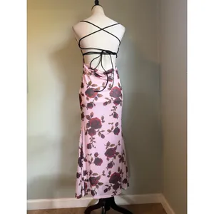 Micas Y2K Pink Floral Mesh Maxi Dress Red Rose Lace Up Open Back M whimsi boho dainty thumbnail 2