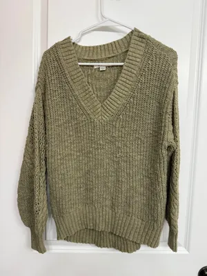 American Eagle Green Open Knit Choker V-Neck Sweater XS thumbnail 3