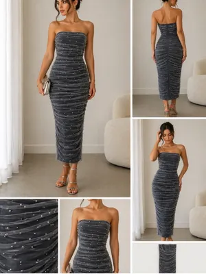 Zara Charcoal Gray Strapless Pearl-Embellished Ruched Dress thumbnail 3