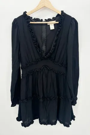 Altar'd State Black Darla Tiered Mini Dress Long Sleeve V Neck Goth Witch Fall L thumbnail 1