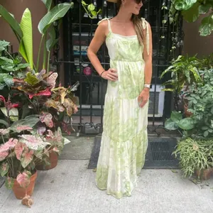 Line + Dot Green Tropical Maxi Dress MEDIUM Tiered Ruffle Cottage Vacation $115 thumbnail 4