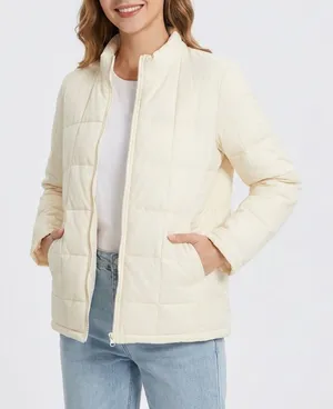 Cream Quilted Zip Up Mock Neck Jacket Womens Large Ivory Puffer Elastic Hem thumbnail 1