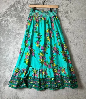 Vintage Tropical Floral Maxi Skirt Teal Smocked Waist Boho Cottagecore Cotton SM thumbnail 1