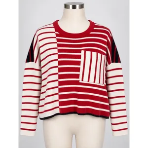 Cabi Oversized Pullover Sweater Picnic Red White Black Striped Pocket Size Small thumbnail 2