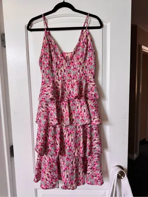 Floral Tiered Midi Dress in Pink thumbnail 2