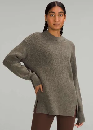 Lululemon Heathered Nomad Green Merino Wool Blend Ribbed Crewneck Sweater Sz 4 thumbnail 1