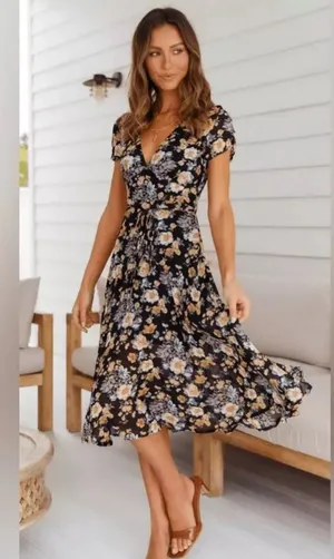 Hello Molly Black Floral Surplice Midi Dress babydoll lightweight 4 thumbnail 1