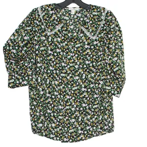 H by Halston Top Ditsy Floral Peter Pan Collar Lace Trim Cottage Button Black Medium thumbnail 5