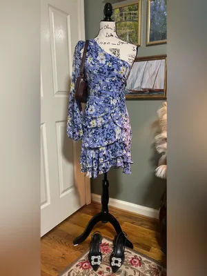 ASTR Floral One Shoulder Periwinkle Ruffle Mini Dress Size Large thumbnail 3