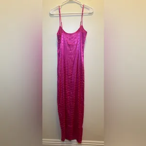 NWOT‎ SKIMS Woven Jacquard Lace Long Slip Dress in Hot Pink SizeS thumbnail 8