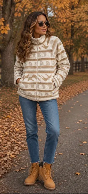 The North Face Cream & Tan Patterned Teddy Zip Jacket thumbnail 1