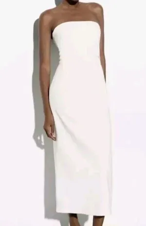 ZARA Woman Oyster White Strapless Midi Dress Sleek Minimalist Chic Size Small thumbnail 9
