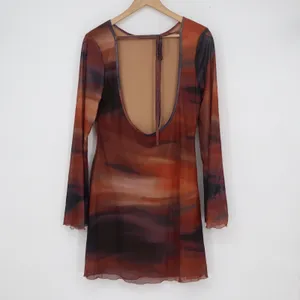 SHEIN Abstract Sunset Mesh Mini Dress Open Back Bell Sleeve Orange Brown Large thumbnail 4